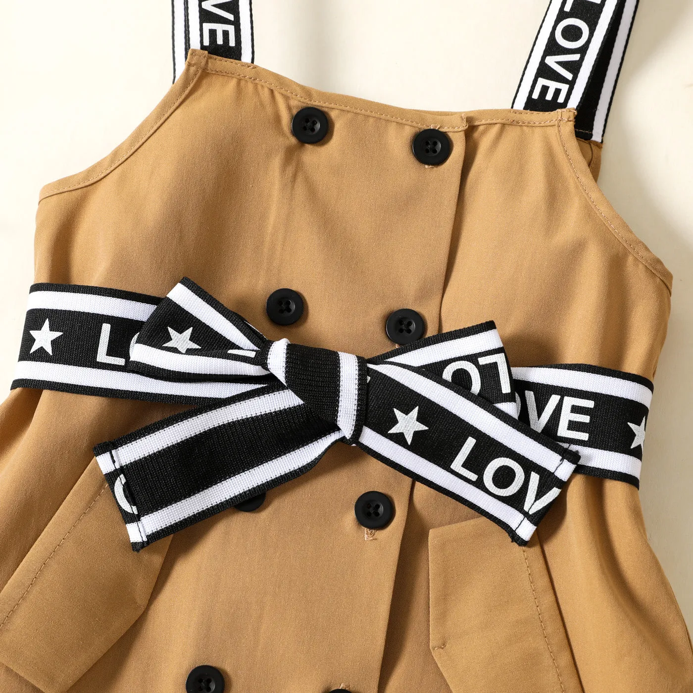 Toddler Girl Double Breasted Belted Letter Design Strap Dress