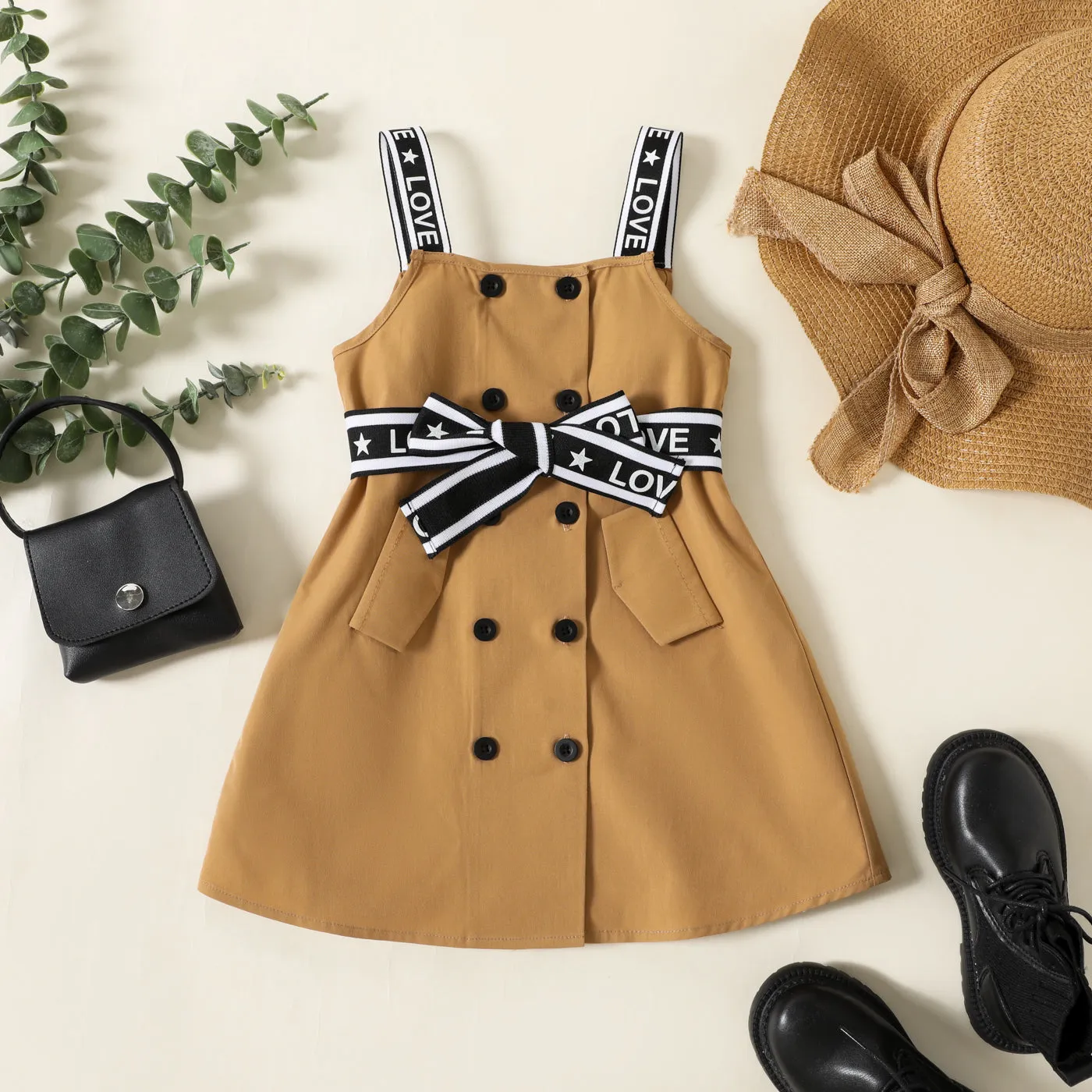 Toddler Girl Double Breasted Belted Letter Design Strap Dress