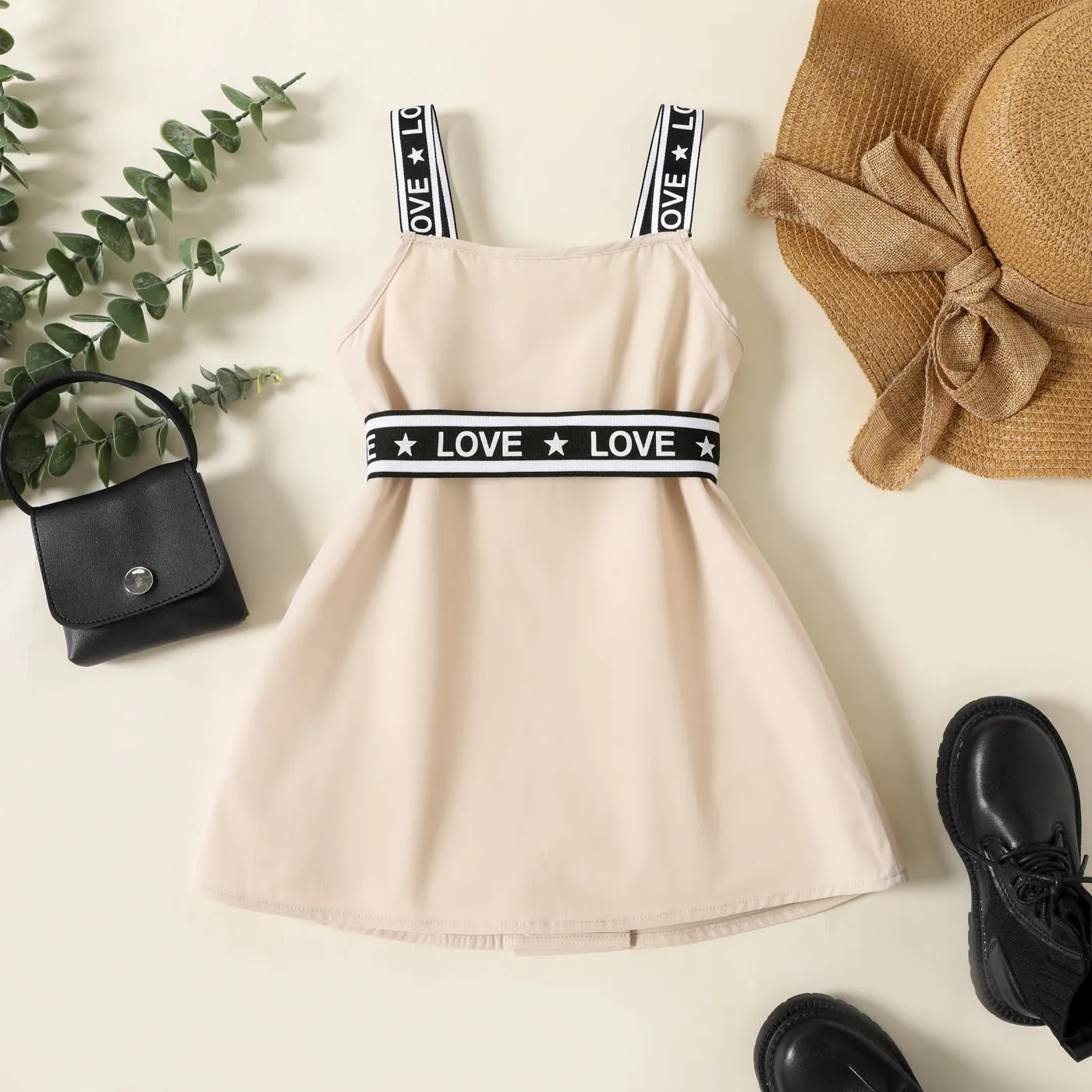 Toddler Girl Double Breasted Belted Letter Design Strap Dress