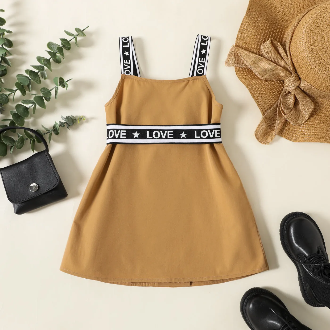 Toddler Girl Double Breasted Belted Letter Design Strap Dress