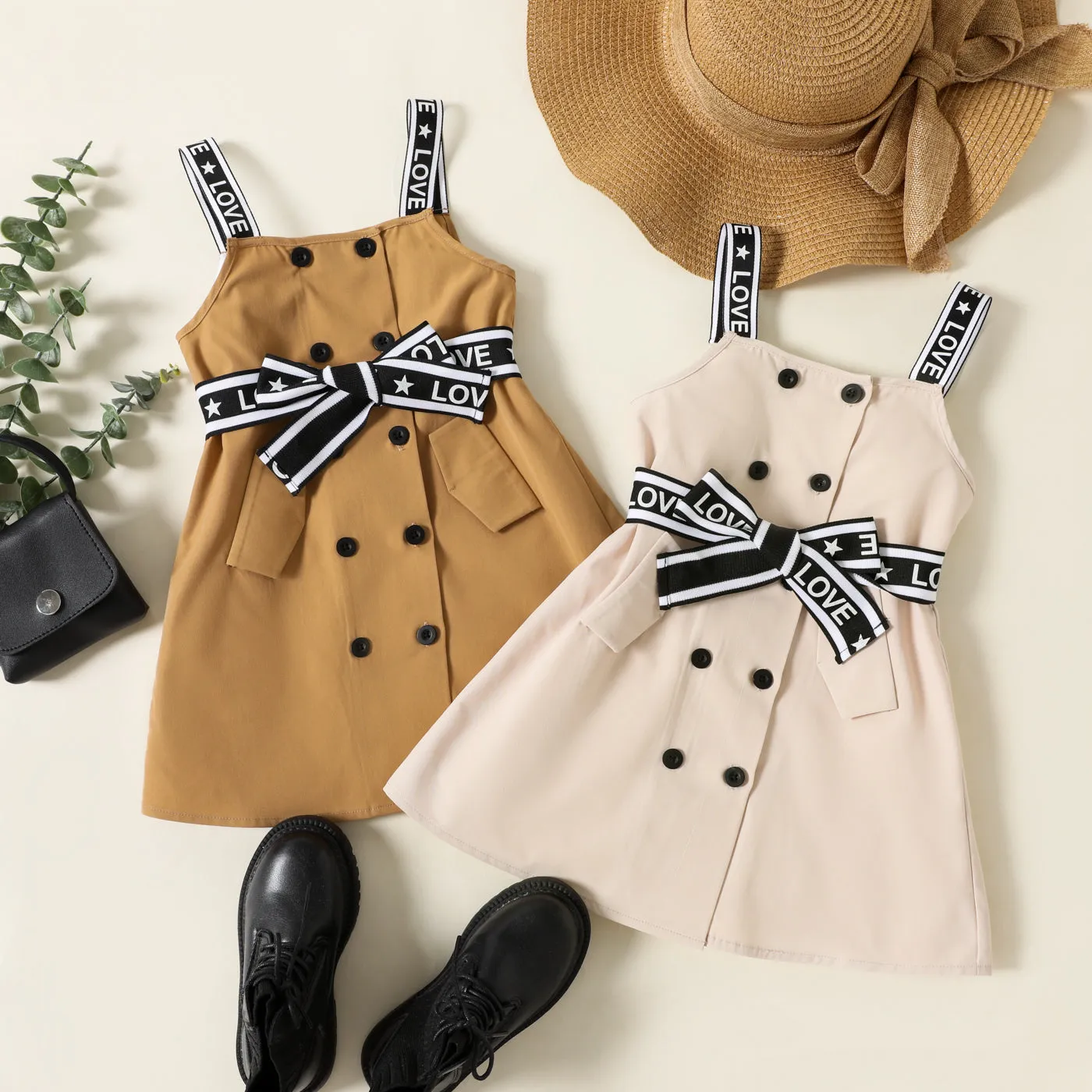 Toddler Girl Double Breasted Belted Letter Design Strap Dress