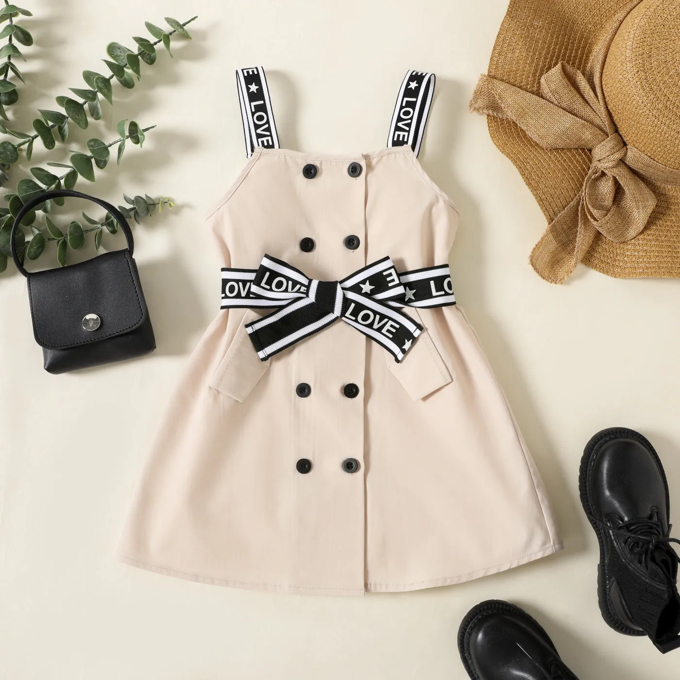 Toddler Girl Double Breasted Belted Letter Design Strap Dress