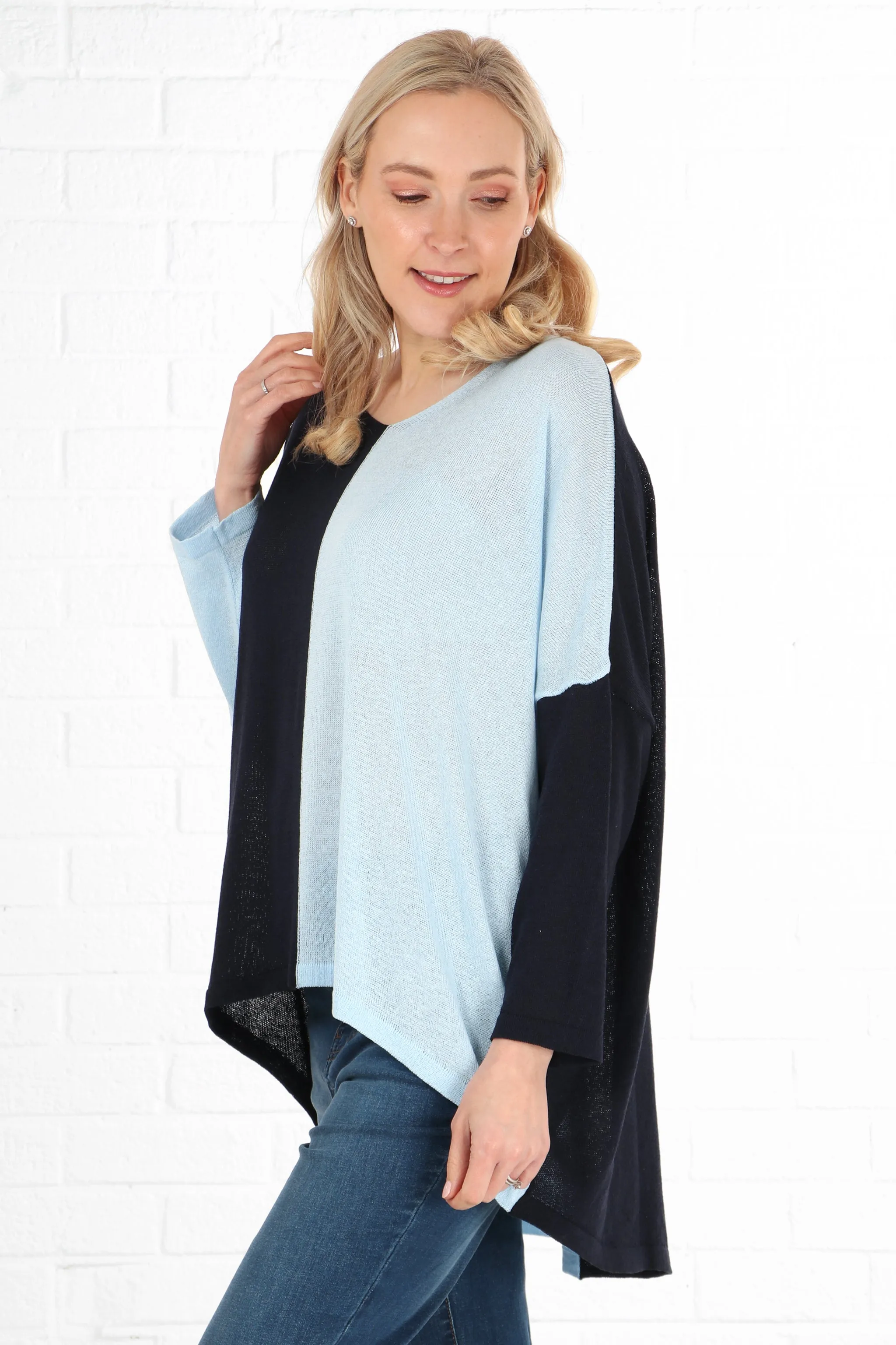 V-Neck Lightweight Cotton Jumper Two Tone Navy Blue and Light Blue