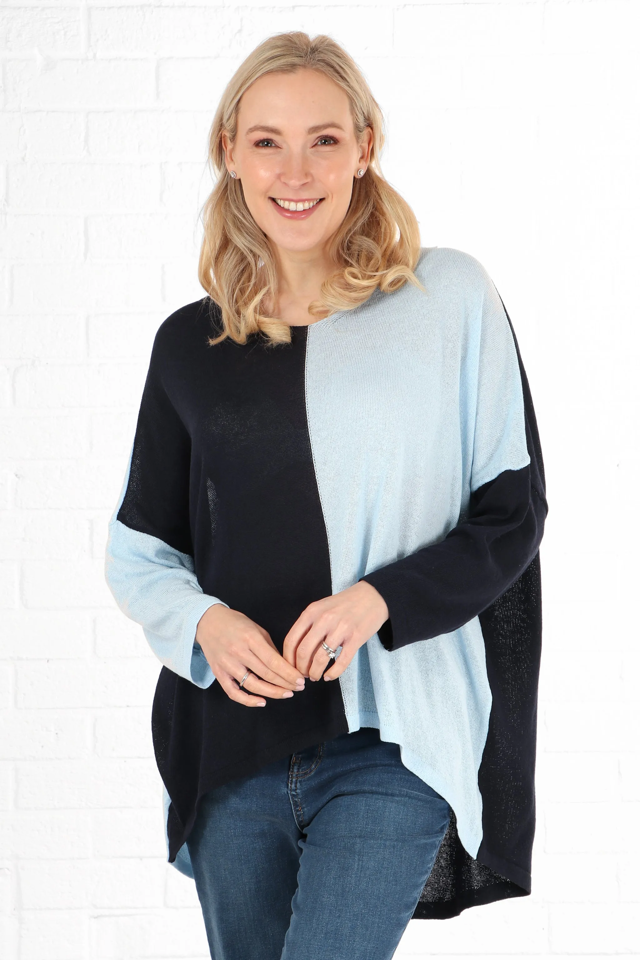 V-Neck Lightweight Cotton Jumper Two Tone Navy Blue and Light Blue