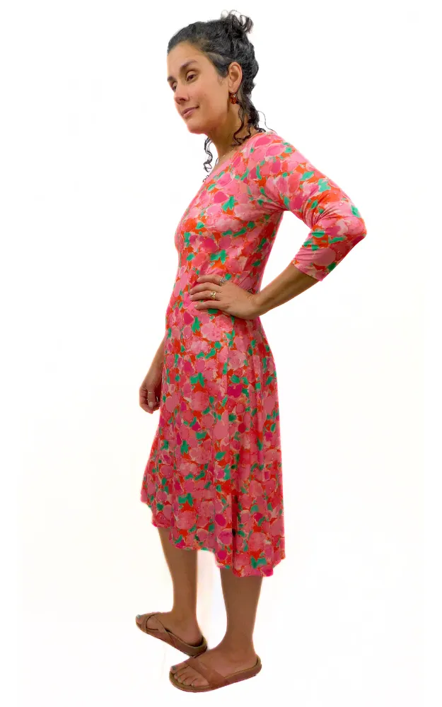 Viscose Semi Fitted Dress 3/4 Sleeve Dress - Rose Print