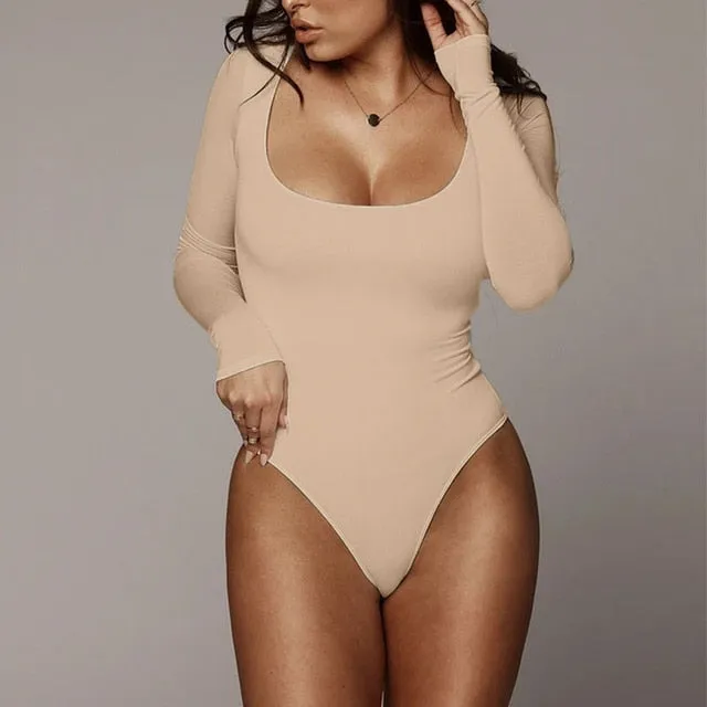 Women Long Sleeve Bodycon Bodysuit Fleece Romper