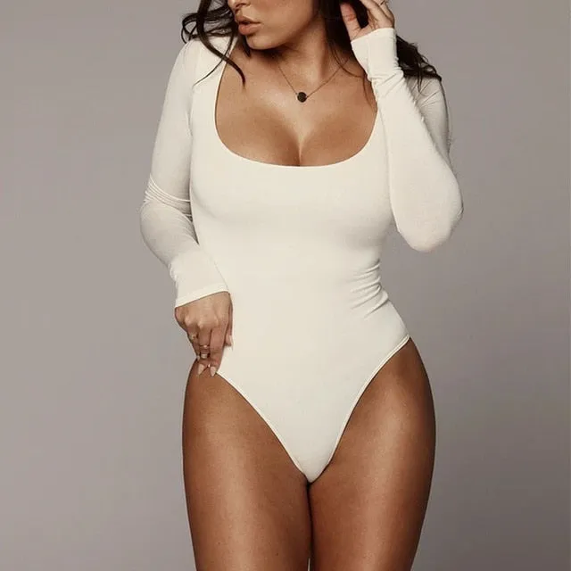 Women Long Sleeve Bodycon Bodysuit Fleece Romper