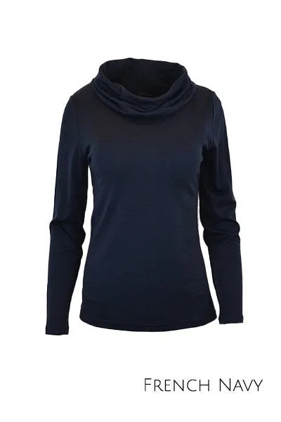 WOMENS 100% MERINO WOOL (210) COWL NECK LONG SLEEVE JUMPER FRENCH NAVY