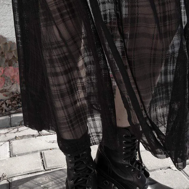 Women's Grunge Side Slit Lacing Plaid Chiffon Maxi Skirts