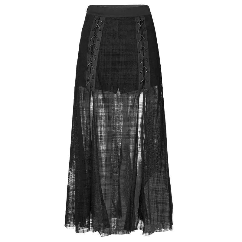 Women's Grunge Side Slit Lacing Plaid Chiffon Maxi Skirts