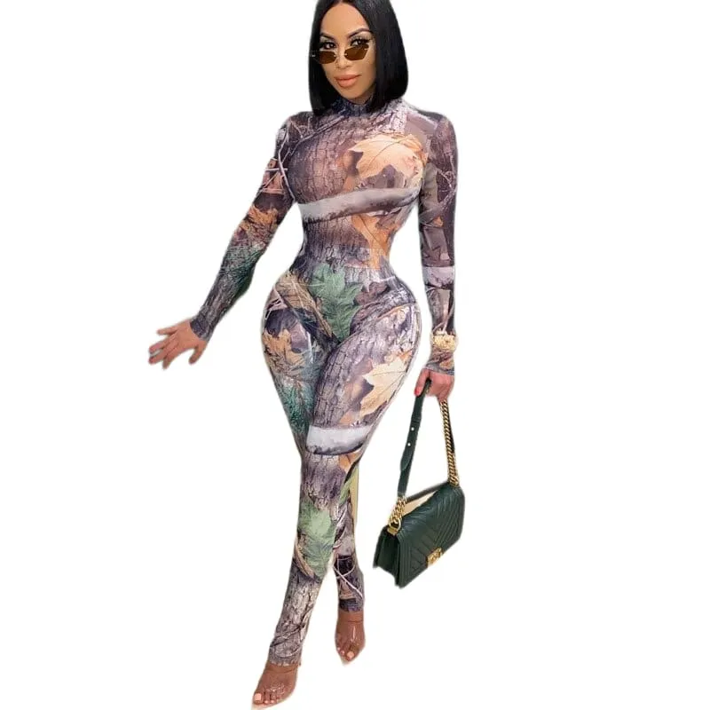 Women's Leaf Print Bodysuit And Legging Matching Set