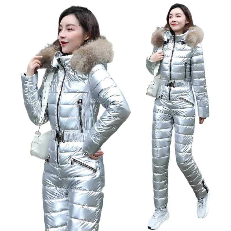 Women's Winter Ski Suit - Hooded Parka Jacket with Cotton Bodysuit, Zipper Overalls & Sashes Tracksuit