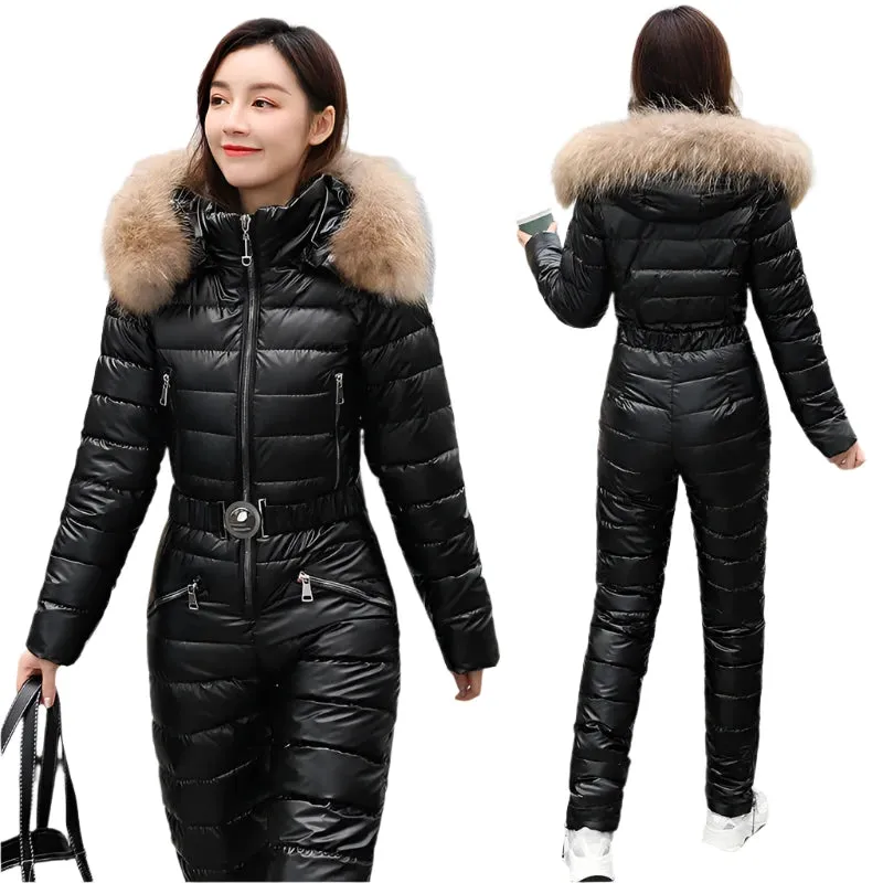 Women's Winter Ski Suit - Hooded Parka Jacket with Cotton Bodysuit, Zipper Overalls & Sashes Tracksuit