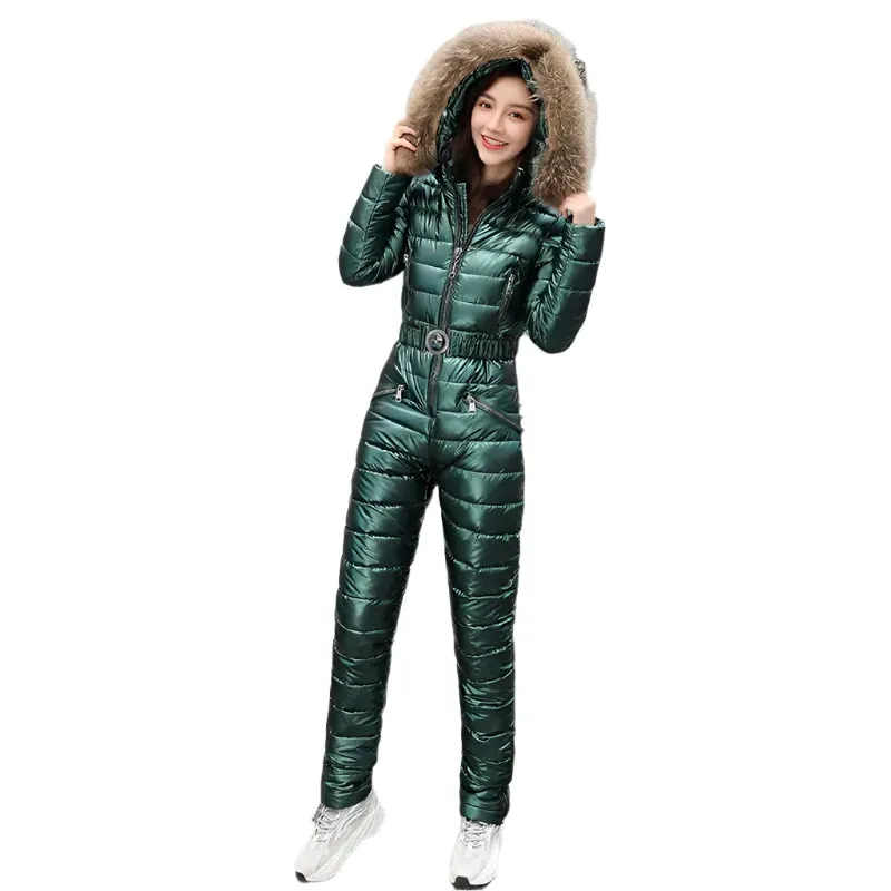 Women's Winter Ski Suit - Hooded Parka Jacket with Cotton Bodysuit, Zipper Overalls & Sashes Tracksuit