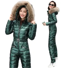 Women's Winter Ski Suit - Hooded Parka Jacket with Cotton Bodysuit, Zipper Overalls & Sashes Tracksuit