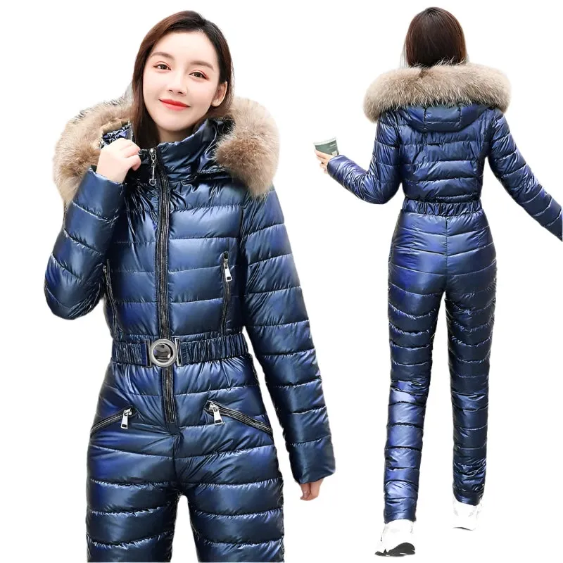 Women's Winter Ski Suit - Hooded Parka Jacket with Cotton Bodysuit, Zipper Overalls & Sashes Tracksuit